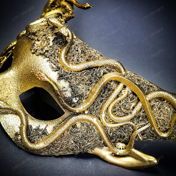 Gold Halloween Krampus Horn Woodland Medusa Snake Animal Devil Masquerade Mask - Picture 5 of 5